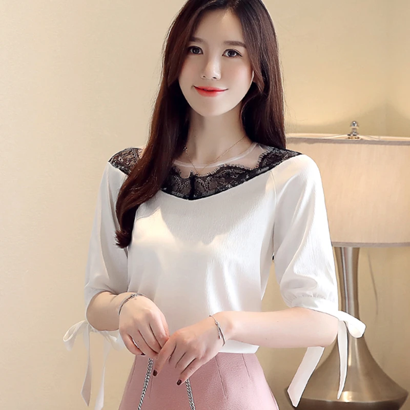 

Casual Chiffon Women Blouses Lace Slash Neck White Women Shirts Plus Size Blusas Femininas Elegante ladies tops