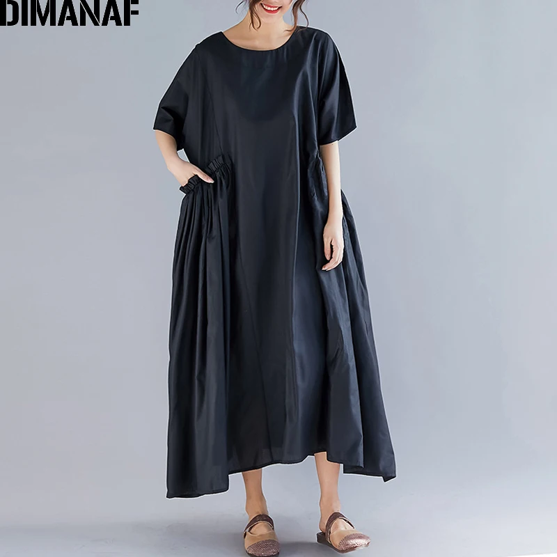 

DIMANAF Plus Size Women Dress Summer Vintage Linen Sundress Female Lady Vestidos Pleated Loose Black Long Dress Big Size 5XL 6XL