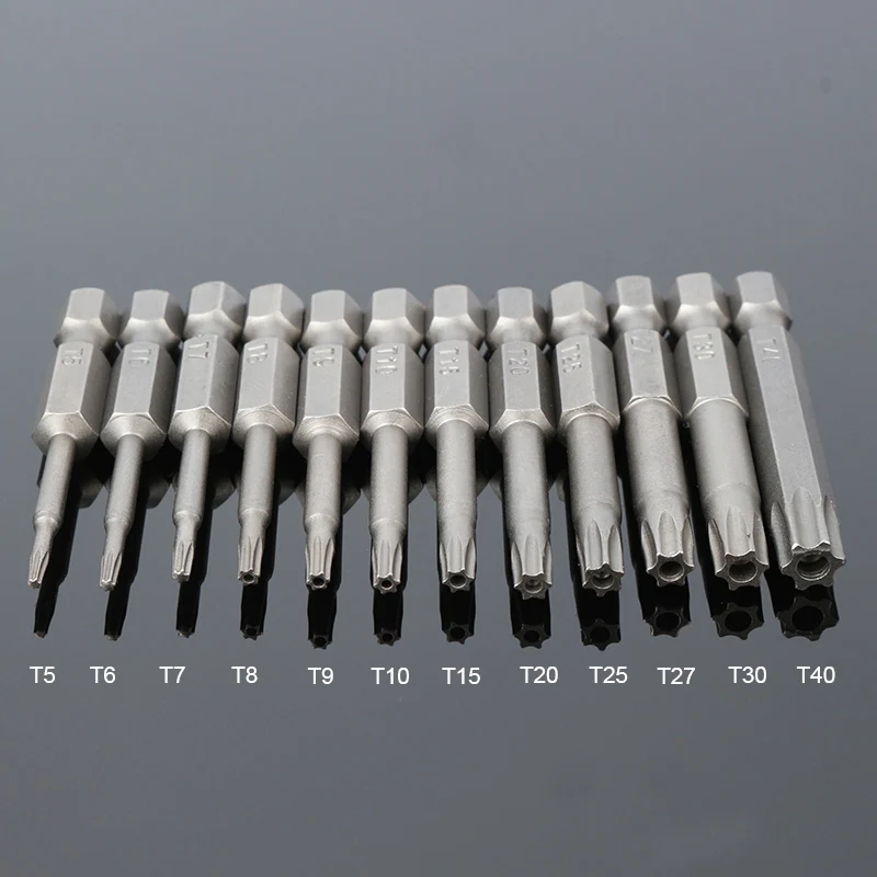 12 Pcs 50mm Electric S2 Hexagon Torx Head Torx Head Protector Tamper-resistant Electric Screwdriver Bit Group T5-T40 Bit Tools