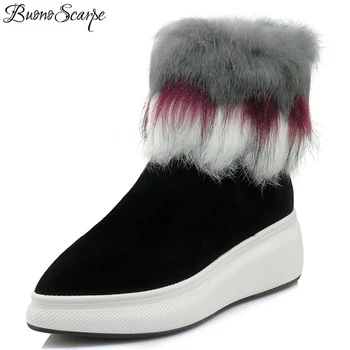 

BuonoScarpe Women Wedges High Heel Winter Boots Real Rabbit Fur Snow Boots For Women Platform Mixed Color Zipper Ankle Boots Hot