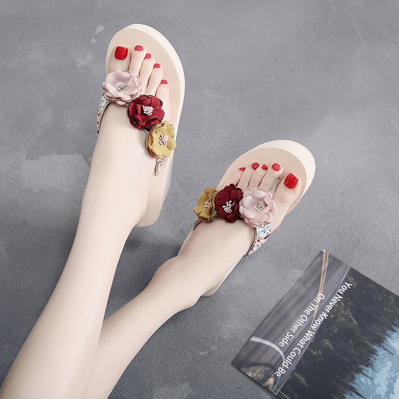 

HEFLASHOR Summer Bohemian Flip Flop Beading Platform Wedges Beach Slippers Shoes Fashion Women Non-Slip Shoe High Heels Slides