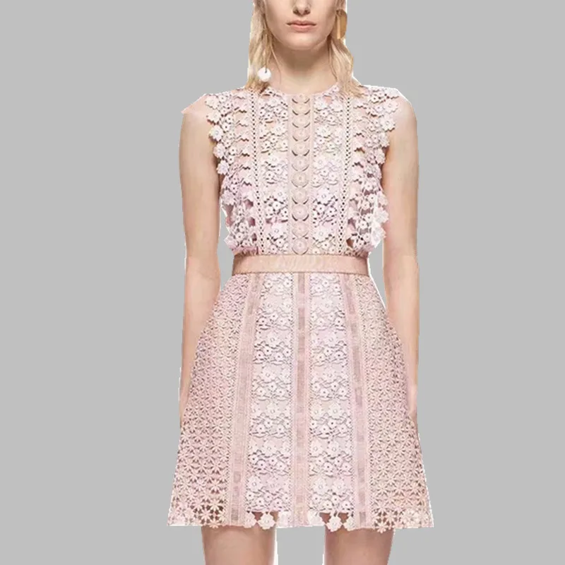

2019 New arrive High Quality Summer Self Portrait lace Dress women sleeveless hollow Hot Pink Dress