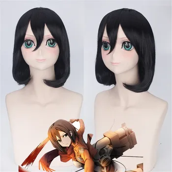 

Hair Cap Titan Mikasa Ackerman Short Natural Black Bob Synthetic Cosplay Wig With Bangs For Girls party