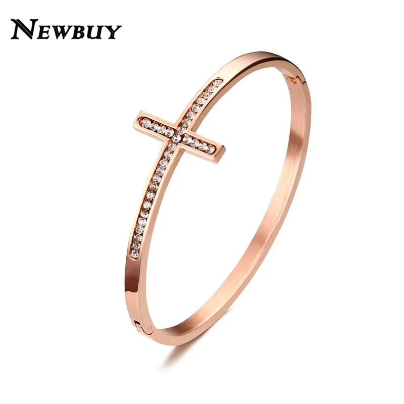 

NEWBUY Fashion Design Stainless Steel Crystals drill Cross Cuff Bangle For Women Rose Gold Color Female Party Jewelry Dropship