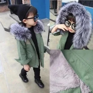 

2018 Winter Children's Wear Free Shipping Army Green Fur Collar Jacket Children Plus Velvet Warm Coat