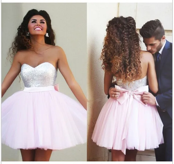 Elegant 2017 Homecoming font b Dresses b font A line Sweetheart Short Mini Pink Tulle Squins
