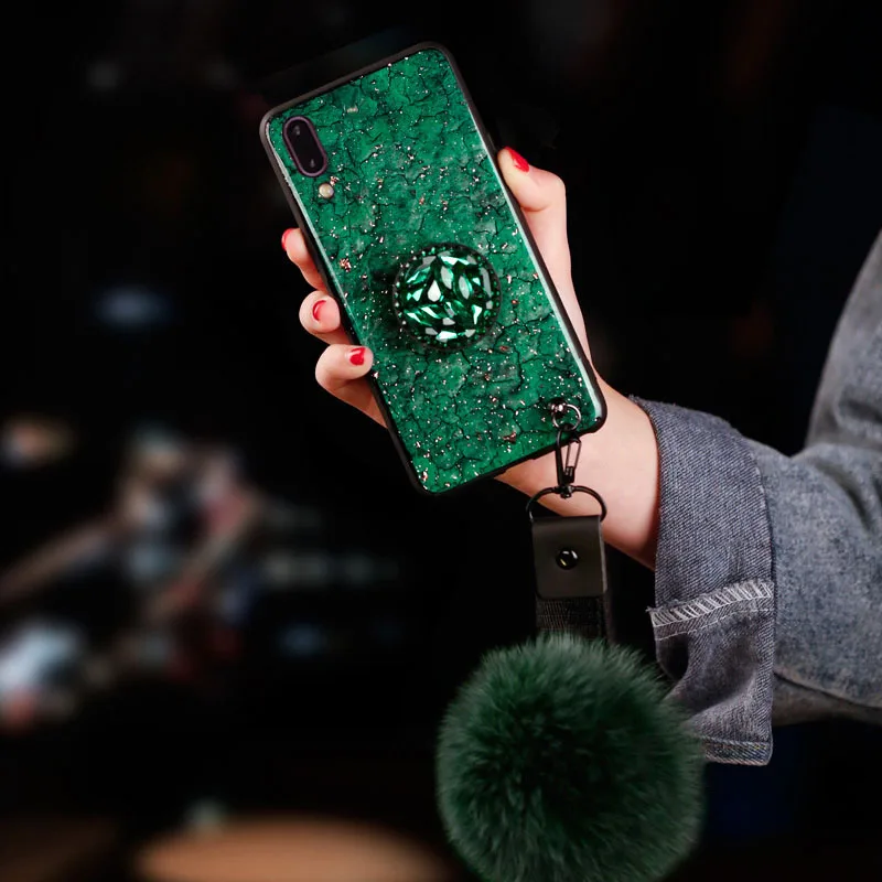 Для samsung Galaxy J6 J6 Plus J6 Prime чехол Блестящий DIY меховой шарик для волос+ Хрустальная подвеска+ ремешок чехол для телефона J8 задняя крышка - Цвет: Зеленый