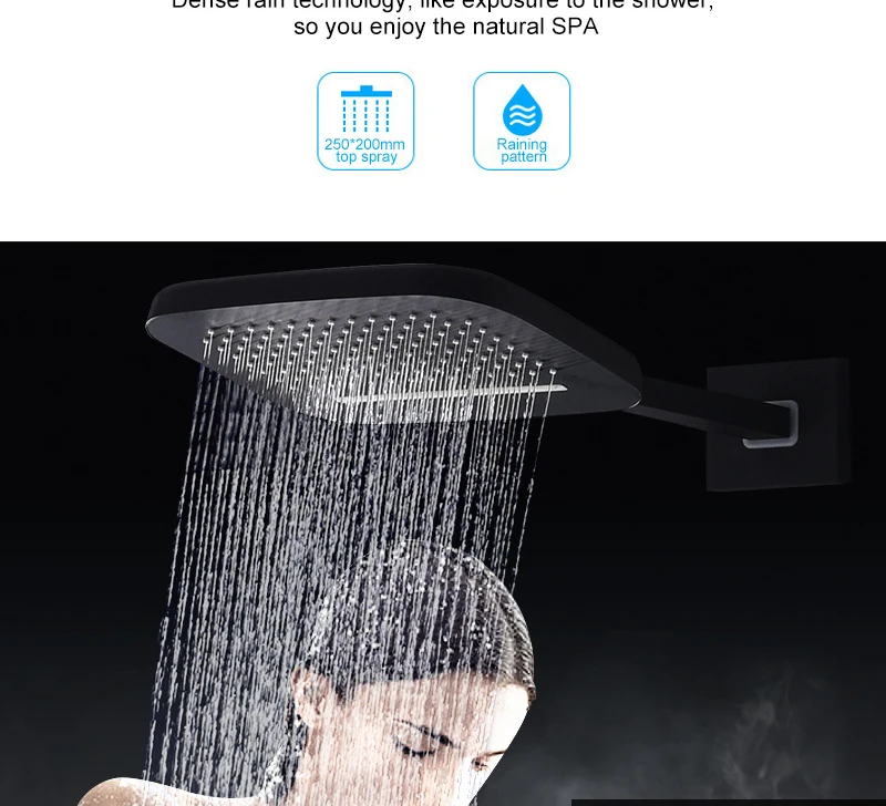 hm Black Shower Термостатический водопад Дождь Насадка для душа и ручной душ из твердой латуни Система смесителей для ванной