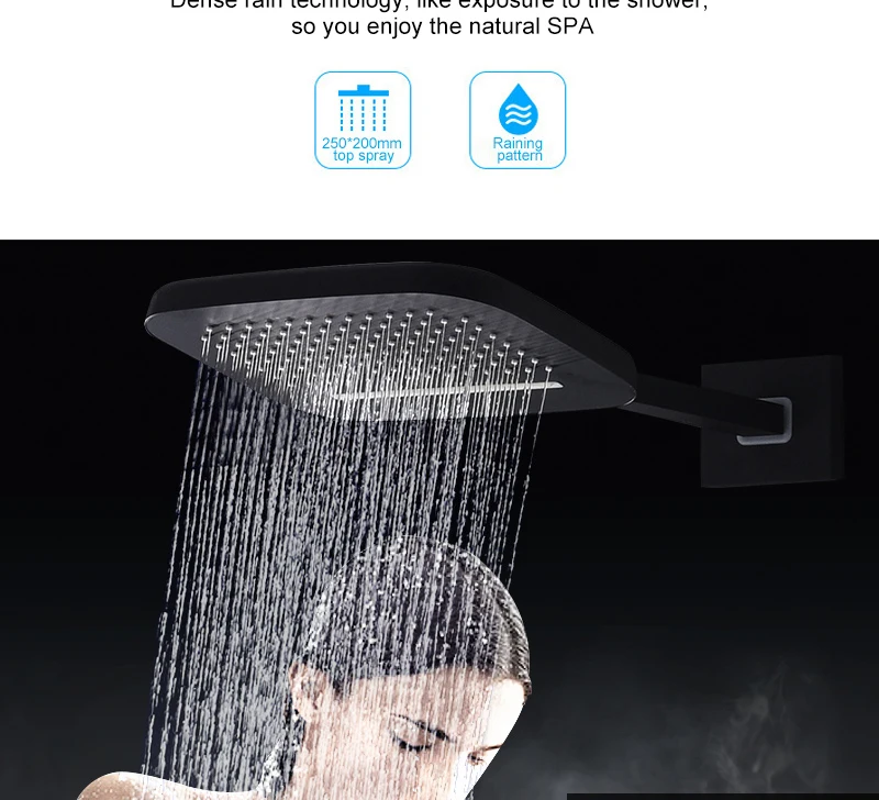 hm Luxury Thermostatic Waterfall Rain Shower Head & Hand Shower Set in Solid Brass Black Bathroom Faucet Wall Mounted System (4)