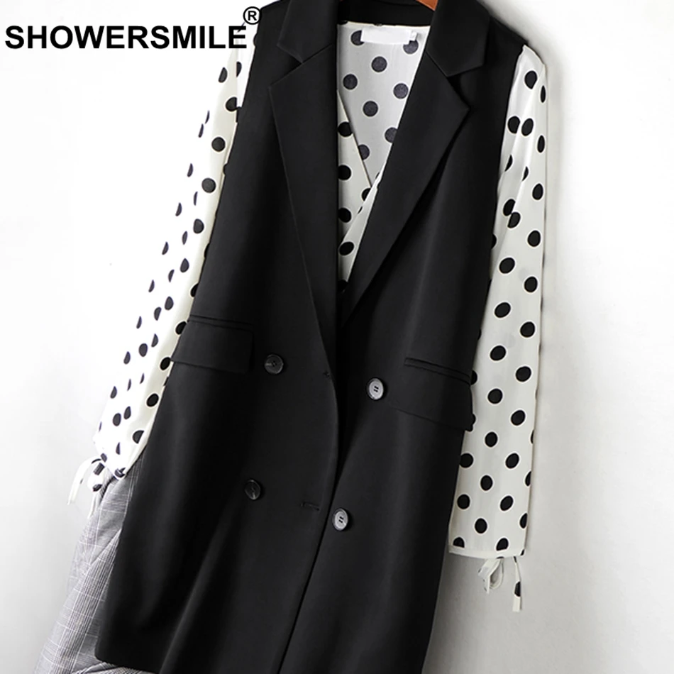 SHOWERSMILE Long Womens Vest Black Double Breasted Waistcoat Female Solid OL Spring Autumn Designer Fashion Sleeveless Jackets