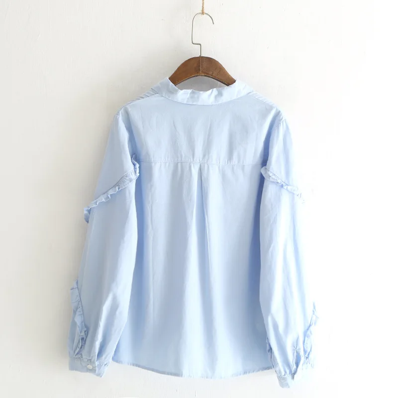 Chaqueta Las blanco Larga Azul Floral Mujeres 2019 Blusas La Blusa Primavera De Punto Blanco Nueva Azul Bordado Mujer Camisa Algodón Manga xvqpR0wB