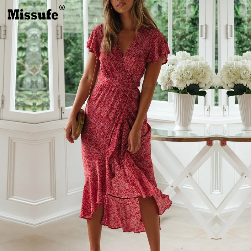 

Missufe V Neck Wrap Bow Floral Dot Ruffles Summer Dress Midi Length Irregular Boho Tea Dresses 2019 Beach Sundress Vestidos