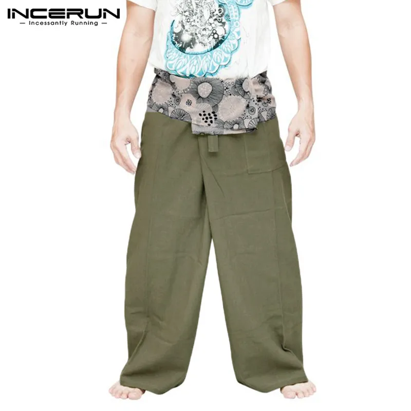 INCERUN мужские и женские широкие брюки с карманами, с принтом, мешковатые мусульманские штаны, повседневные брюки, винтажные женские и мужские тайские штаны для рыбалки - Цвет: Green Pants