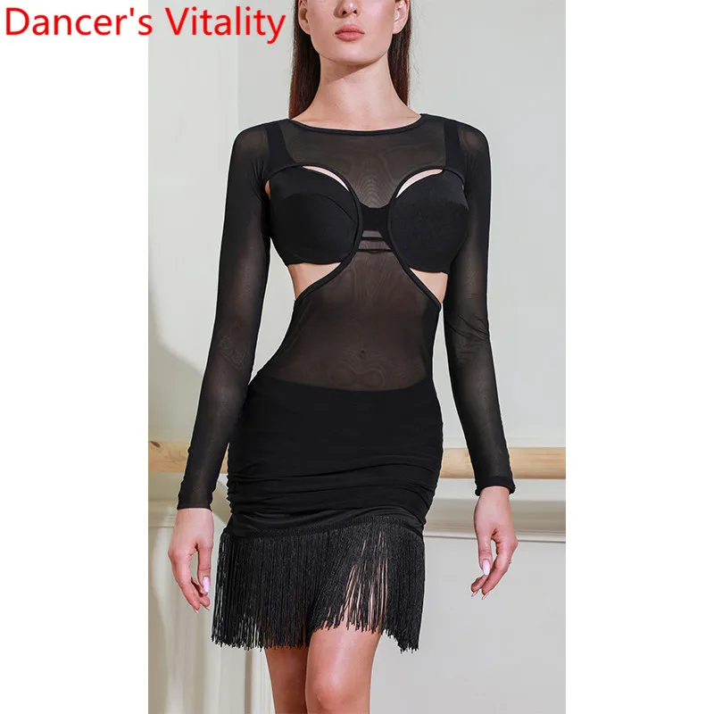 

Latin Dance Training Sexy Cut out Long Sleeve Body Suit Tassel Skirt 2pcs Set Rumba Samba Tango Cha Cha Salsa Dancing Black Stag