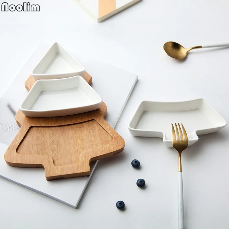 NOOLIM 4Pcs/set Christmas Tree Dinnerware Salad Fruit Dessert Candy Ceramic Dishes Porcelain Plates Restaurant Tray Tableware