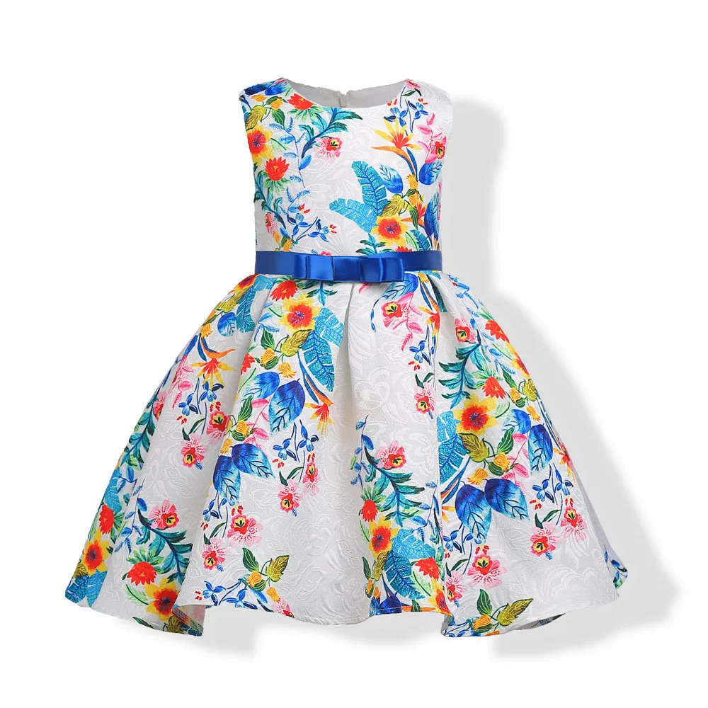 Girls Princess Dress Europe and America Jacquard Print Bow Belts Girls