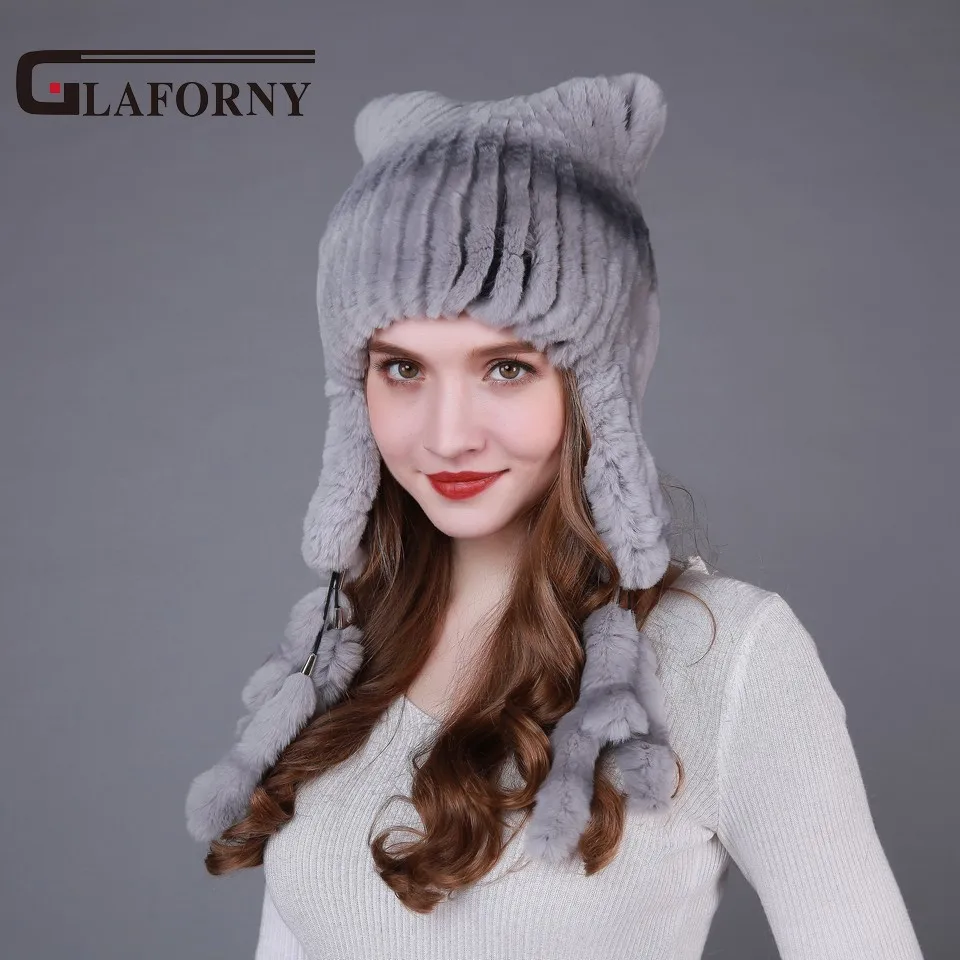 Женские вязаные меховые шапки Glaforny зимние с защитой для ушей и подкладкой из