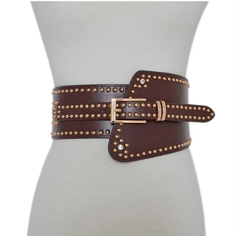 Роскошный женский широкий кожаный ремень в стиле панк с заклепками и пряжкой дизайнерские ремни из искусственной кожи эластичная лента-пояс крутой Bg-477