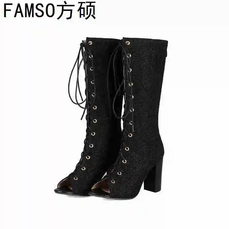 FAMSO/2019 г. Новые Модные женские ботинки черные мотоциклетные на высоком каблуке со