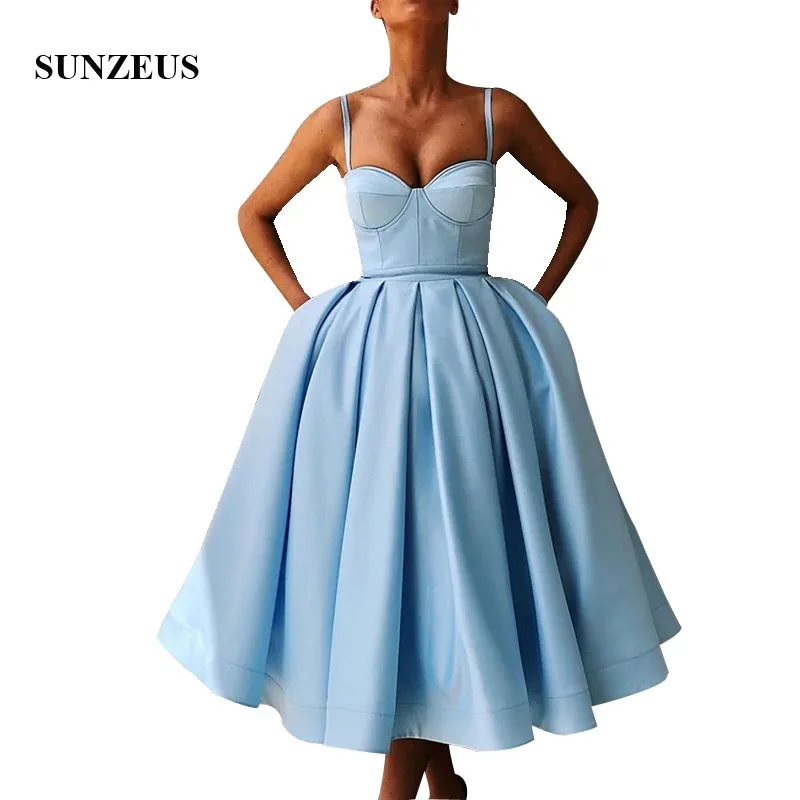 

Tea Length Evening Dresses 2019 Sky Blue Satin Women Party Gowns Spaghetti Straps Sweetheart Elegant Formal Robe