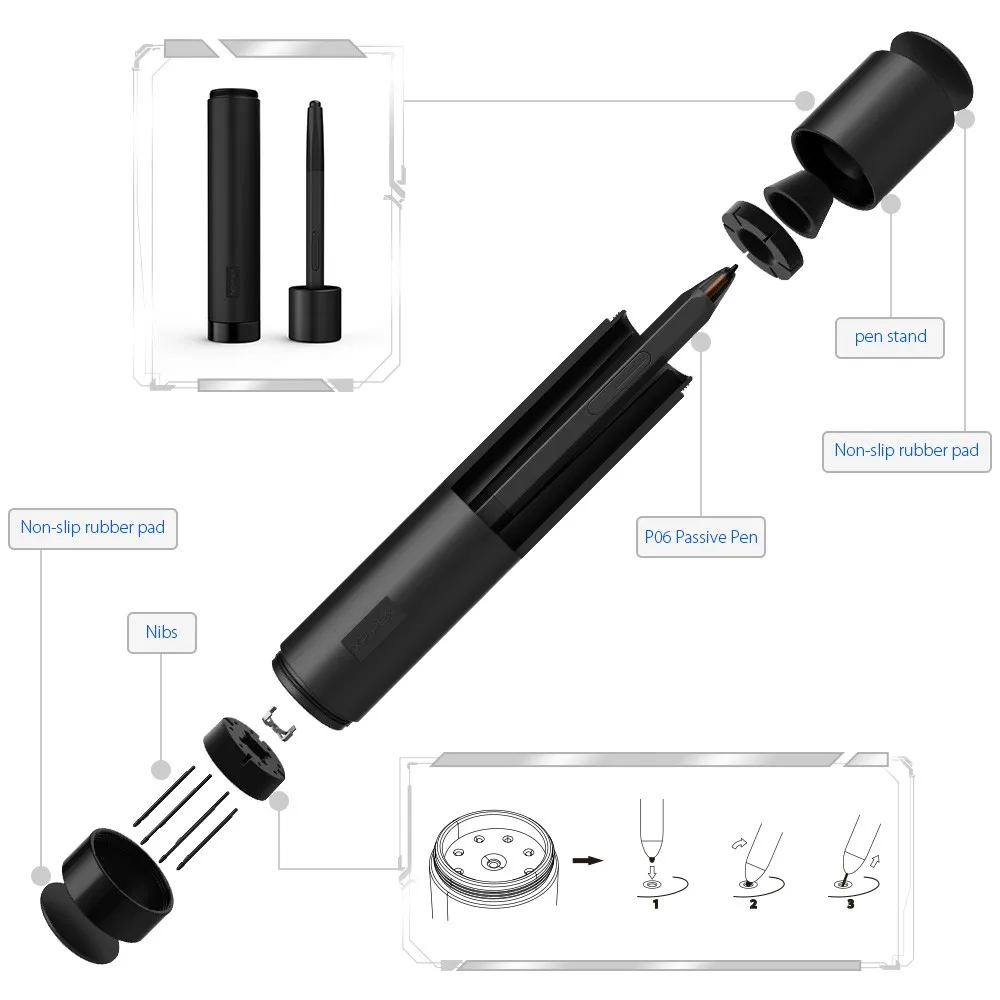 Графический планшет для рисования XP-Pen Deco 02 с металлическом колесом настроек и безбатарейным пассивным стилусом с ластиком и горячами клавишами(8192 уровней давления