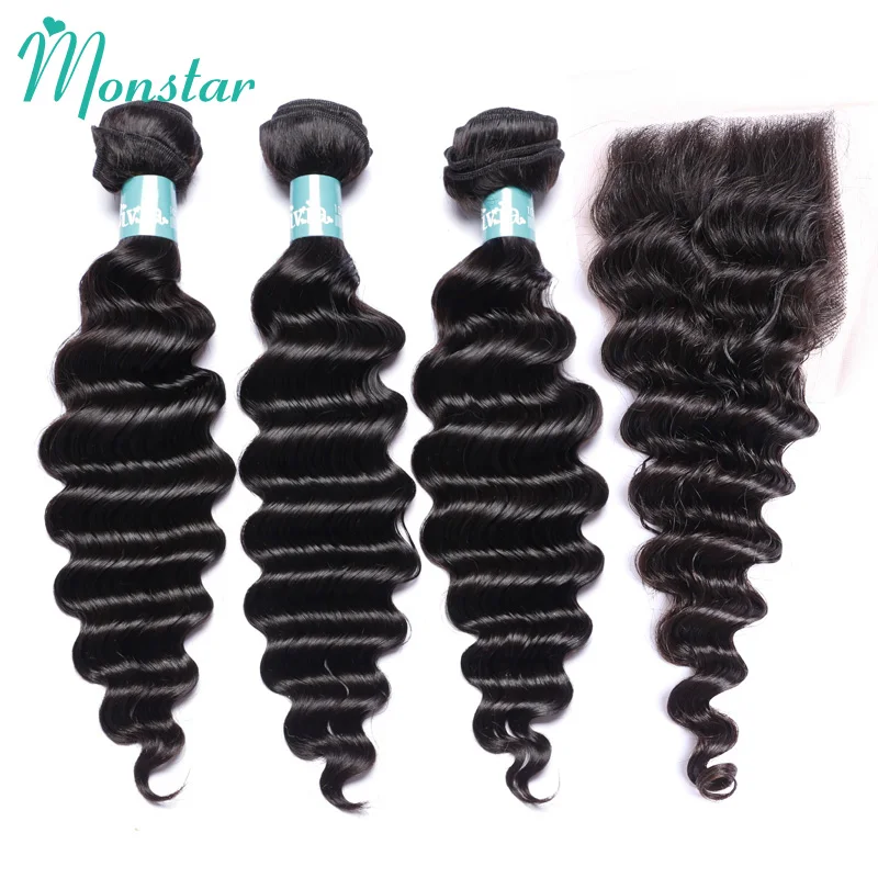 

Monstar Brazilian Remy Hair Loose Deep Wave Bundles with Closure 12 - 30 Inch Natural Color Human Hair Bundles with Closure