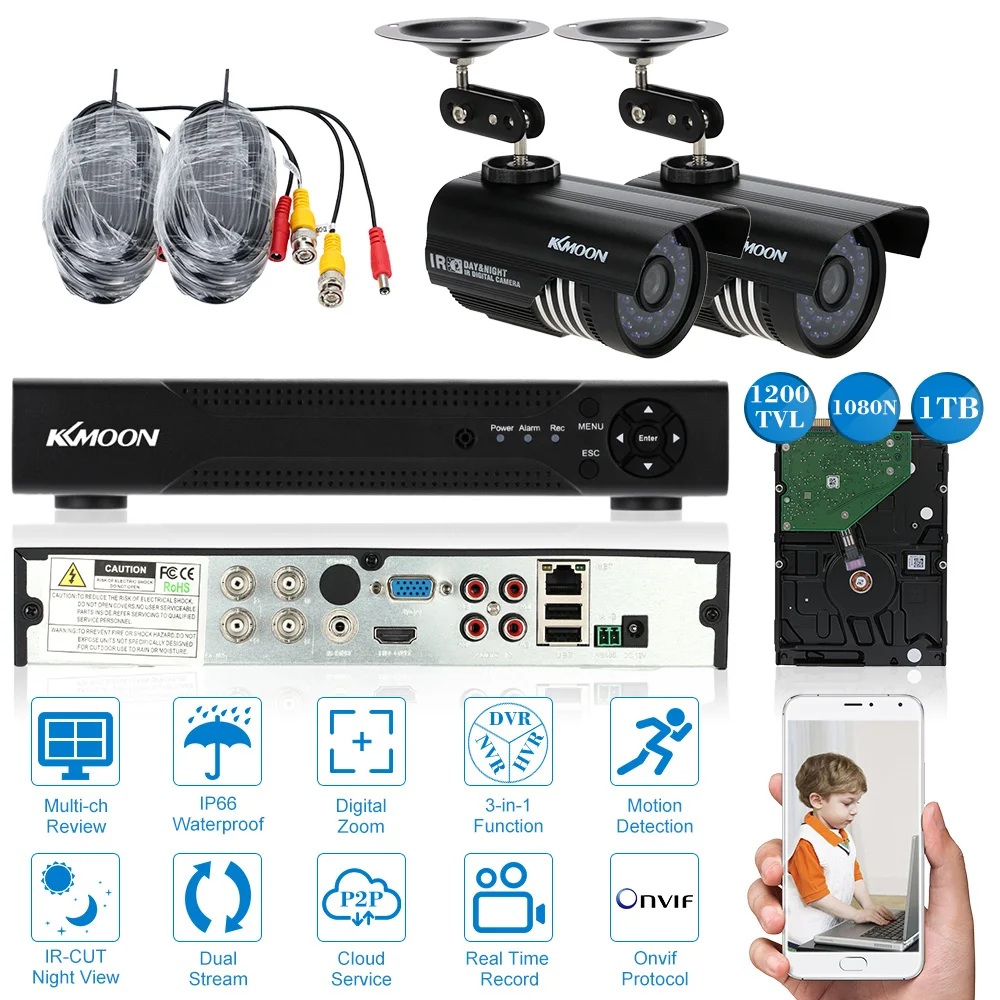 KKmoon 4CH CCTV система 4CH 1080 P DVR 2 шт. 3,6 мм IR водонепроницаемый уличный для видеонаблюдения камера 1200TVL домашняя система безопасности комплекты видеонаблюдения