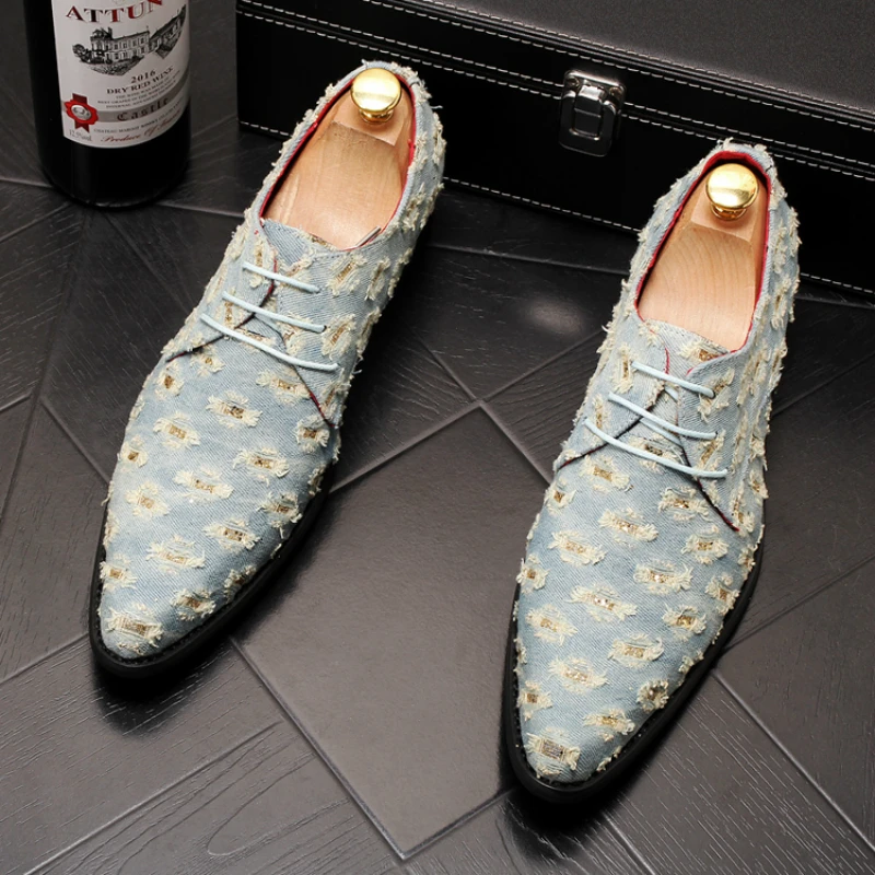 

men's fashion party nightclub dress rapped denim shoes pointed toe distressed shoe lace-up personality zapatos de hombre sneaker
