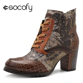 

Socofy Retro Women Boots Genuine Leather Splicing Ankle Boots For Women Shoes Woman Spring Block High Heels Botas