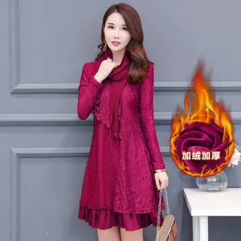 

Autumn and Winter A-Line Velvet Warm Lace Dress O-neck Full Sleeve Plus Size Women Warm Slim Short Party Dress With Scarf M-5XL
