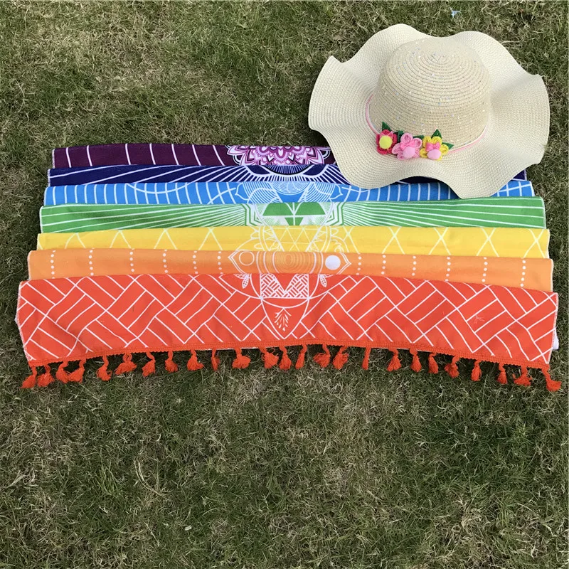 Kaufen Mikrofaser Stoff Material Böhmen Indien Mandala Decke 7 Chakra Regenbogen Streifen Tapisserie Strand Handtuch Yoga Matte Bad Handtuch