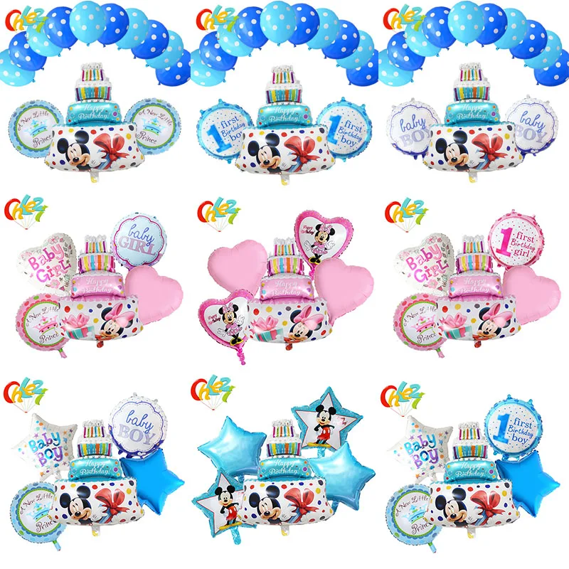 Blue Pink Large Cake Minnie Mickey Happy Birthday Foil Balloons for Baby Kids Birthday Party Decorations Inflatable Air Ballons