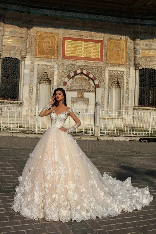 Gorgeous Lace Appliques A Line Wedding Dresses Sheer Long Sleeve Beaded Cathedral Train Bridal gowns Button Back Custom Made