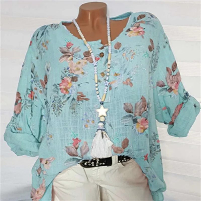 Plus Size  5XL 4XL Summer Floral Women Shirts 2019 Long Sleeve O Neck Boho Loose Beach Ladies Tops Print Buttons Blouses Shirt