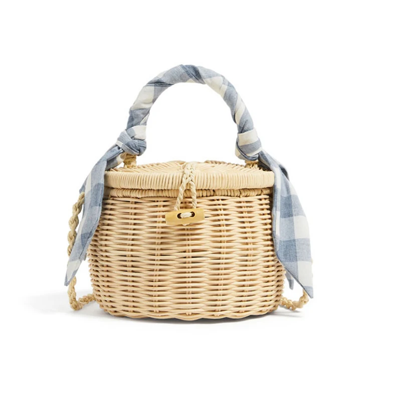 

2019 New Women Bucket Handbag Scarves Straw Beach Tote Bag with Cover Wicker Mini Luxury Designer Basket Shoulder crossbody Bags