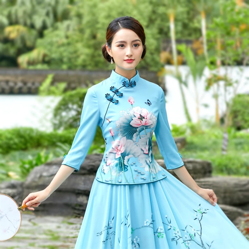 Sheng Coco 4XL Plus Size Woman's Chinese Traditional Clothing Elegant Shirts Ancient Chinese Cheongsam Qipao Blouse Tops Blue
