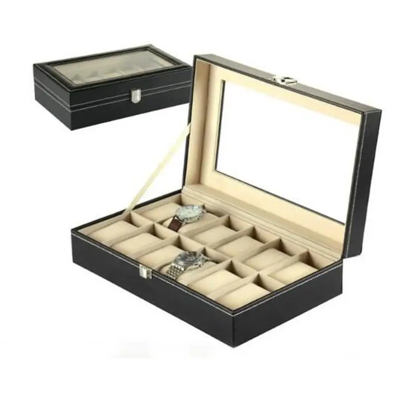 

12 Slots Black PU Leather Wrist Watch Box Watch Case Storage Holder Organizer Jewelry Watch Display Box 30x20x8cm