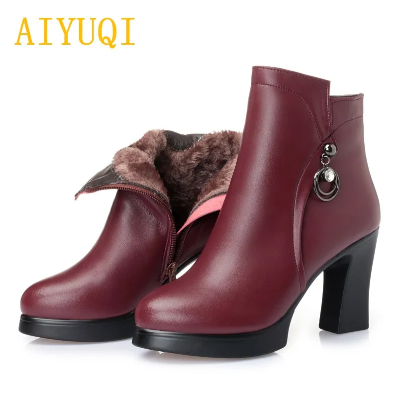AIYUQI 2018 new genuine leather women's snow boots. warm wool fashion red Martin boots. female size 41 42 43 wedding boot women Women's Shoes