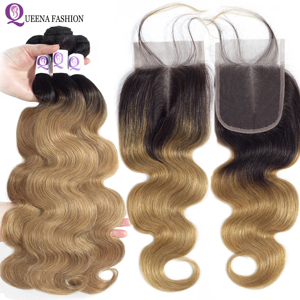 

Ombre Blonde Bundles With Closure Ombre Peruvian Body Wave Hair Bundles 1B/27 Non Remy Ombre Human Hair Bundles With Closure