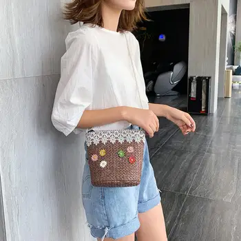 

Lace Flower Decor Shoulder Messenger Handbags Summer Beach Women Small Packs Straw Women Small Crossbody Bags Dropshipping