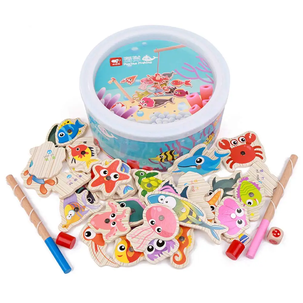 

Wooden Kids Puzzles Board Magnetic Fishing Games Set with 20 Ocean Animals and 2 Poles