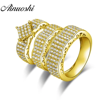 

AINUOSHI Real 14K Gold TRIO Rings Set Engagement Rings 14K Yellow Gold Couple Wedding Rings Big Wave Design Cluster Rings Set