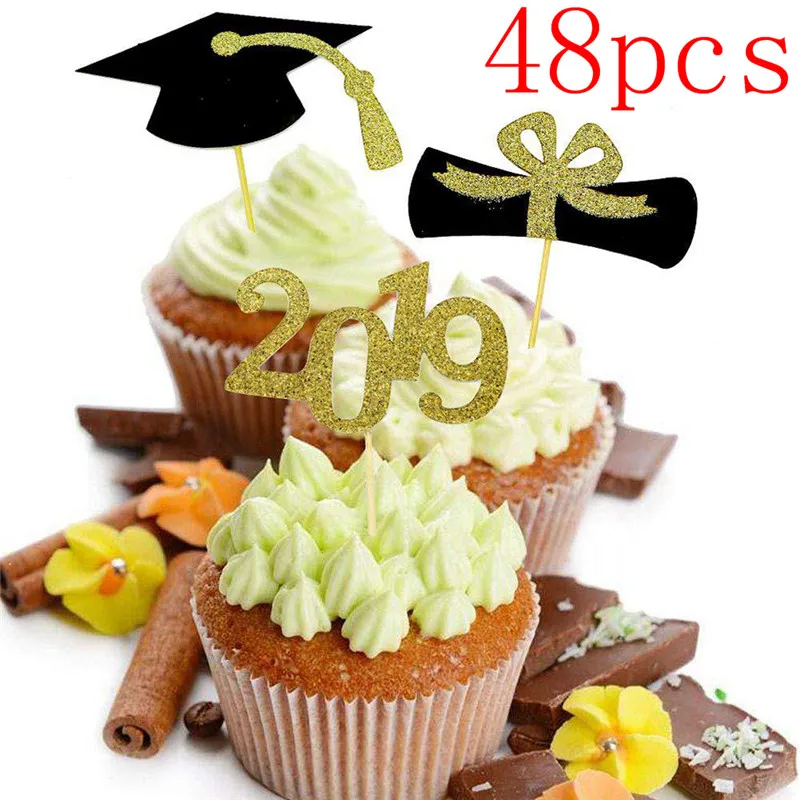 48pcs Bachelor Hat Cupcake Toppers 2019 Graduation Cake Topper