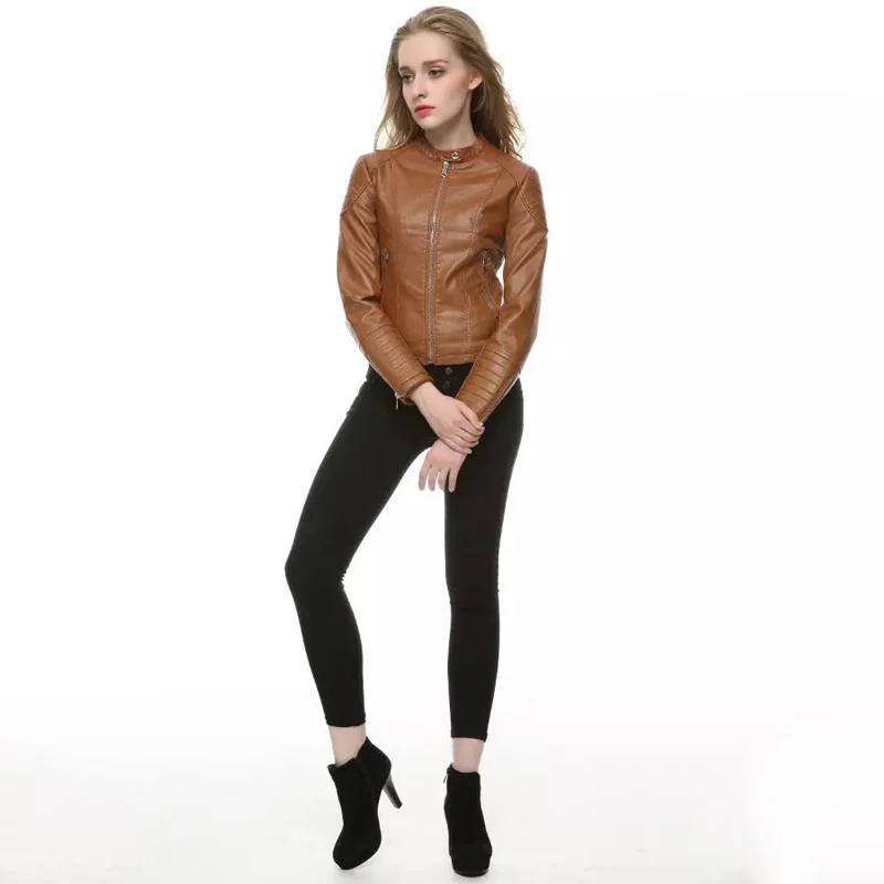 Autumn Winter Women Faux Leather Jackets and Coats Lady Pu Motorcycle Brown Zipper Coat Streetwear Biker Outerwear
