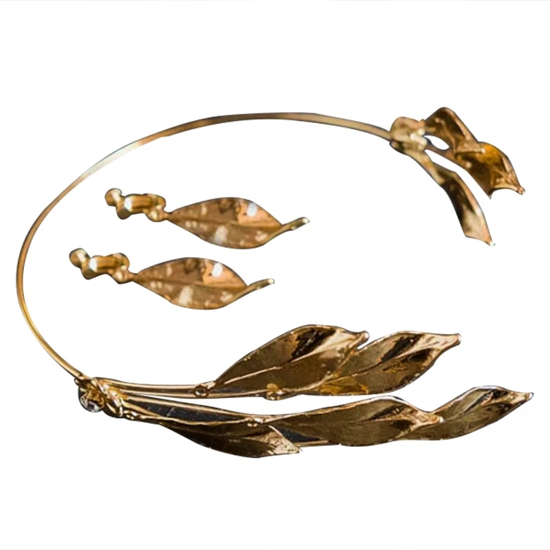 

New Retro Handmade Leaves Olive Gold Flower Crown Earrings Bride Photo Studio Mori Golden Wedding Headdress