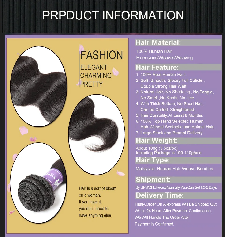 Malaysian Body Wave Hair Bundles 100% Human Hair Weave Bundles Alimice Hair Extension Non-Remy Hair Weaving 100g Natural Color (10)
