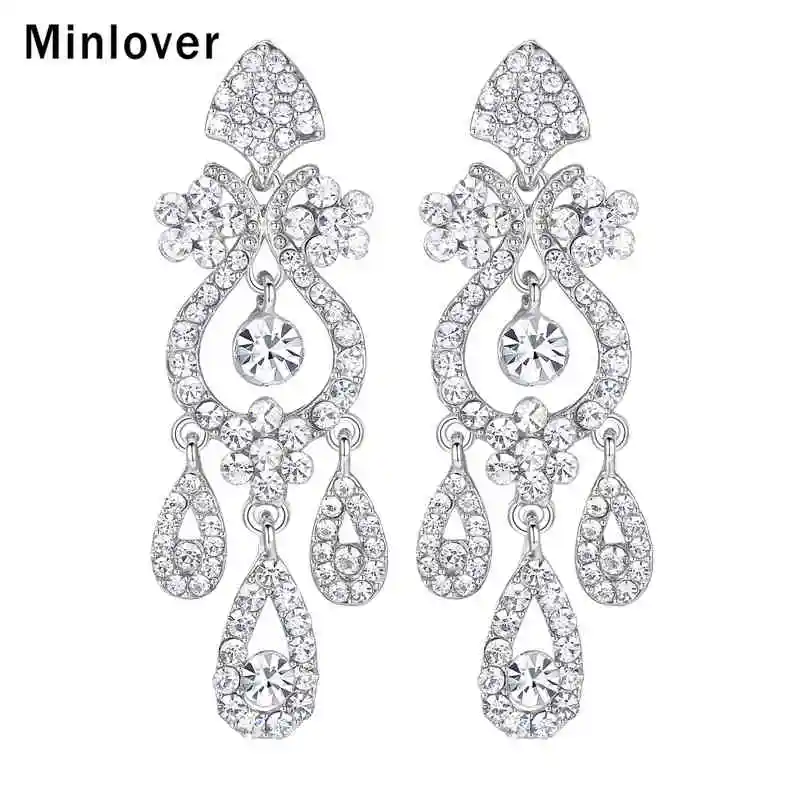 Minlover Crystal Chandelier Long Drop Earrings For Silver Color Crystal Chandelier Long Drop Earrings