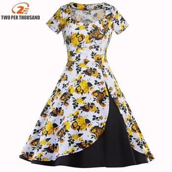 

Vintage Dresses Summer Printing Floral 1950 S Style Elegant Party Dress Patchwork Short Luxury Retro Vestidos Femininos