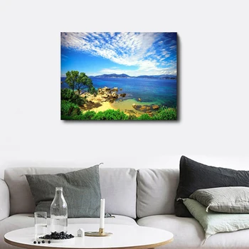 

Laeacco Canvas Calligraphy Painting Sea Blue Sky Green Trees Stone Landscape Paint Wall Artwork For Home Living Room Decoration