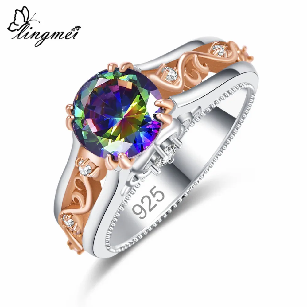 

Lingmei Wholesale Fashion Engagement Round Cut Multicolor & White Cubic Zircon Silver & Gold Color Women Wedding Ring Size 6789